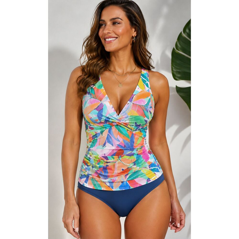 LA BLANCA Tropi-flage Tropical Twist Front Tankini Top - Multi- Size 10 RET $105